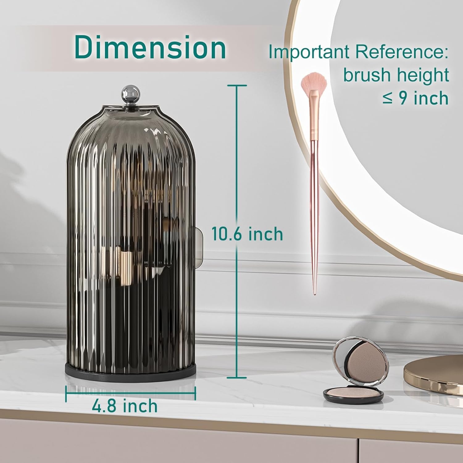 Makeup Brush Holder with Lid Cosmetic Tools Organizer 360 Rotating Waterproof Dustproof Beauty Brushes Storage for Vanity, Black-Grey