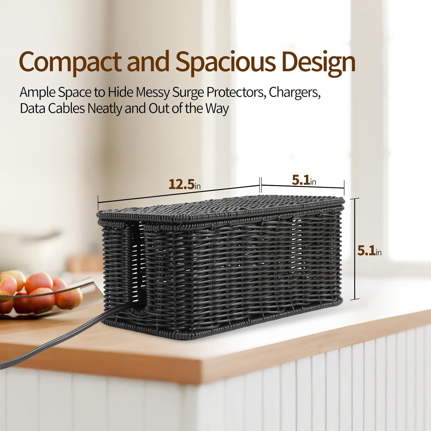 Cable Management Box, Handmade Rattan Cable Organizer, Power Cord Hider Box with 2 Open Slots, Desk Cord Organizer for Computer Router USB Hub Wire & Power Strip, 12.5"Lx 5.1" Wx 5.1"H, Black