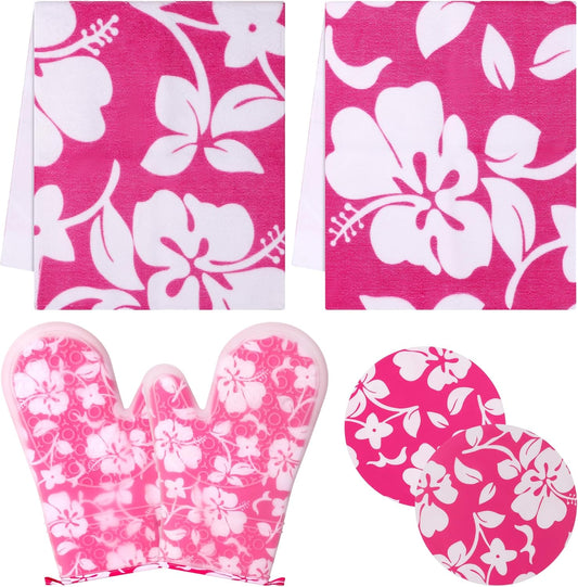 6PCS Pink Oven Mitts and Pot Holders Towels Set,Heat Resistant with Non-Slip Silicone Surface Baking Gloves,Applies to Grilling and Cooking Cute Kitchen Accessories and House Decor