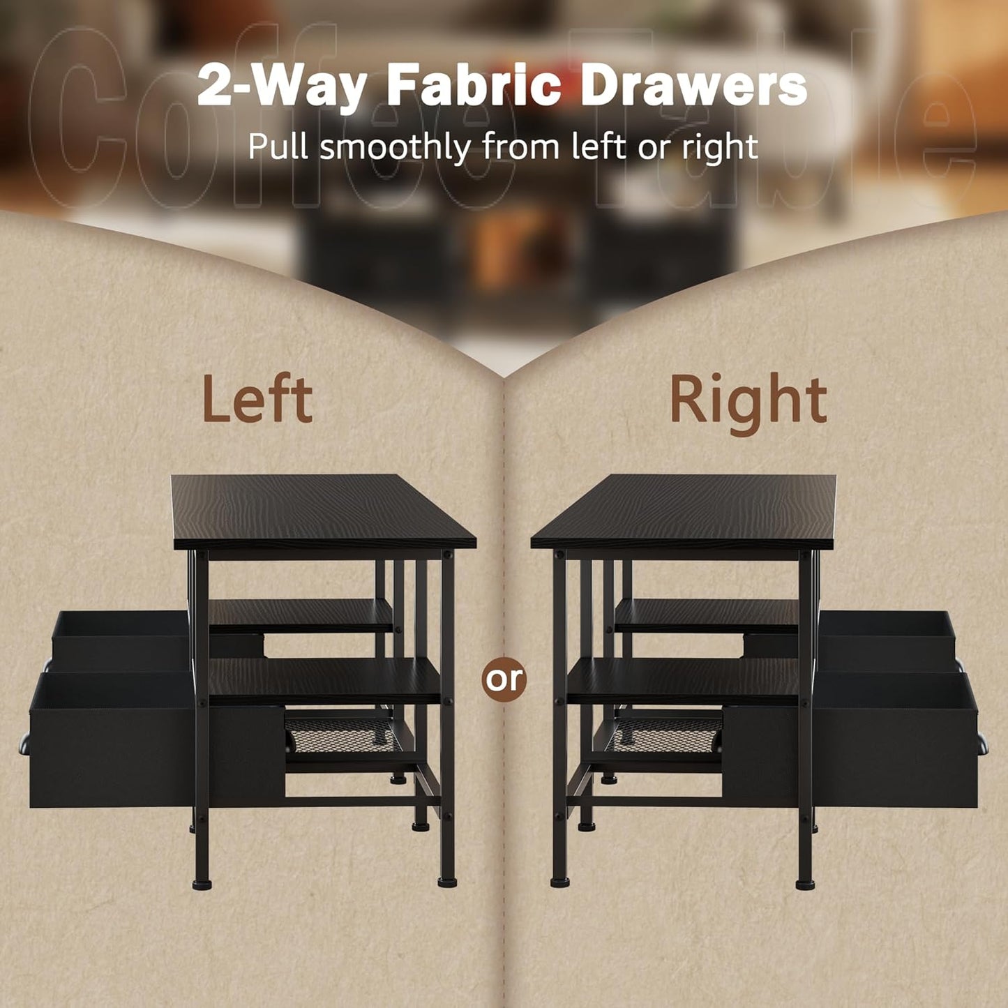 35" Coffee Table with 2 Storage Drawers, Small Coffee Tables for Living Room, Modern Center Table with 2 Tier Shelf, Black