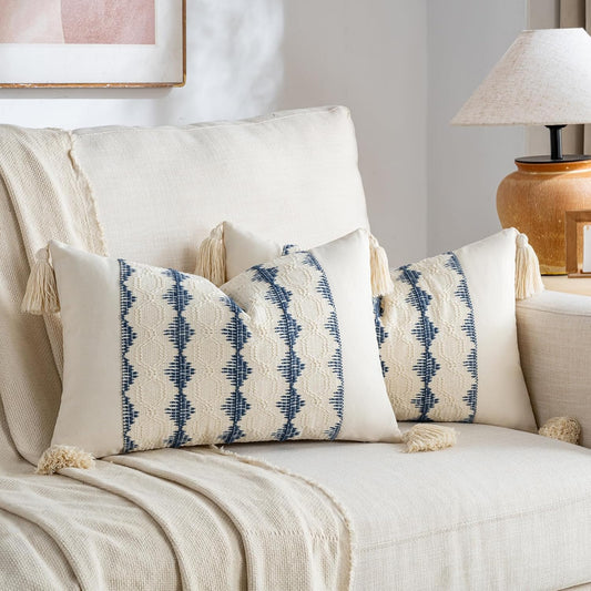 Set of 2 Dusty Blue Vintage Lumbar Decorative Throw Pillow Cover 12X20 Inch for Couch Bed Sofa Chair Bedroom, Rustic Retro Square Cushion Case with Tassels, Coastal Boho Living Room Decor