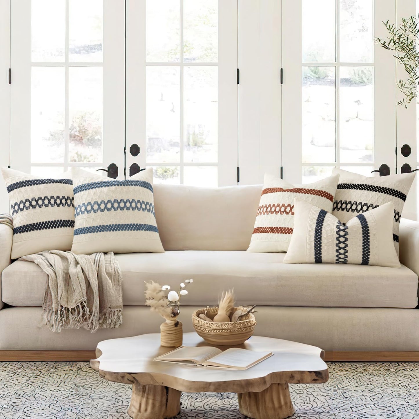 Set of 2 Coastal Blue Boho Decorative Lumbar Pillow Covers 12X20 Inch Farmhouse Rustic Couch Throw Pillows Modern Summer Cushion Covers Retro Cute Macrame Woven Home Decor for Bed Sofa Chair