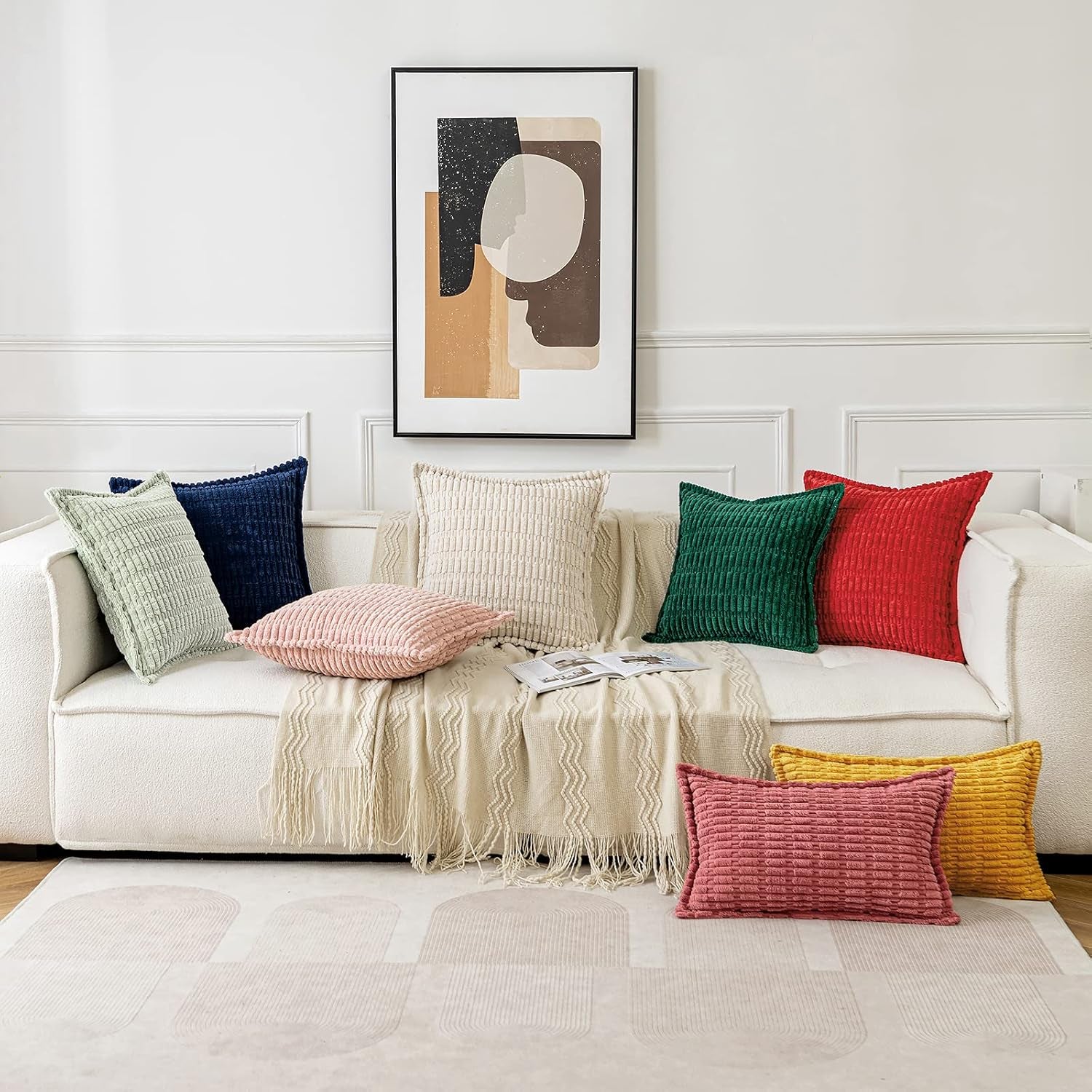 Christmas Green Corduroy Decorative Throw Pillow Covers Pack of 2 Soft Striped Pillows Pillowcases with Broad Edge Winter Modern Boho Home Decor for Couch Sofa Bed Spring 18X18 Inch