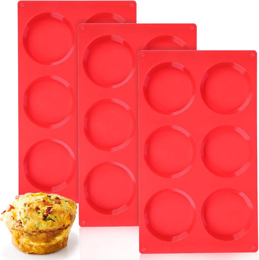 Muffin Top Pan, Silicone Egg Bite Molds for Breakfast Sandwiches, 3 Inch Egg Bite Maker, Non-Stick Silicone Mold for Oven, Whoopie Pies, Eggs Muffins, 3 Pcs-Red