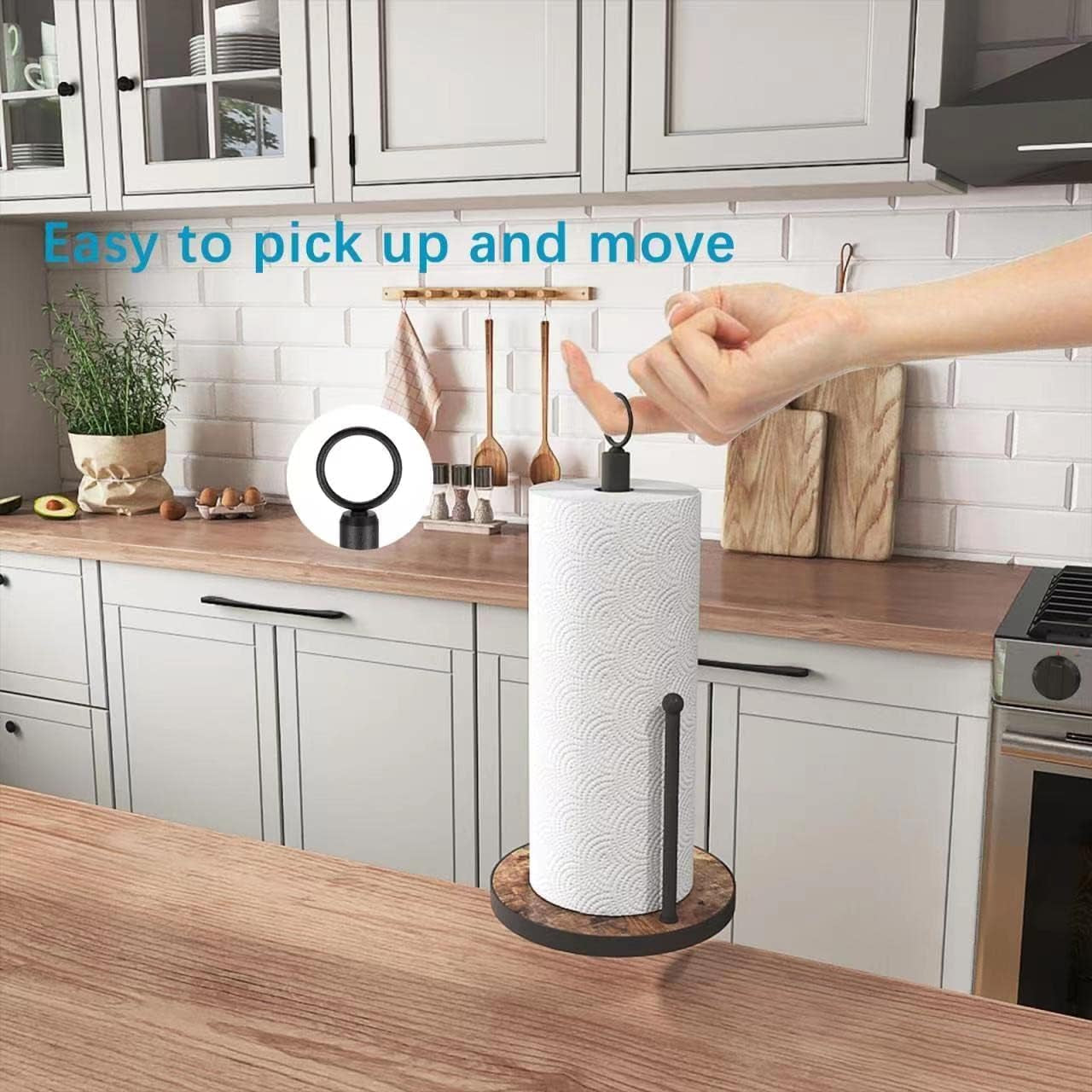 Paper Towel Holder Countertop with Heavy Duty Wood Base, Farmhouse Paper Towel Roll Stand for Kitchen Counter Fits Standard and Jumbo Size Paper Towels (Brown - Easy to Tear)
