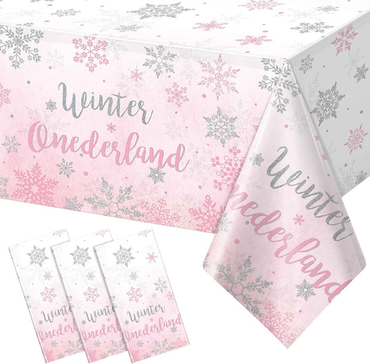 3 Pack Winter Onederland 1St Birthday Tablecloth, Disposable Pink and Silver Winter Snowflake Plastic Table Cover for Winter Onederland Girl Boy 1St Birthday Party Supplies Decorations, 54X108 Inch