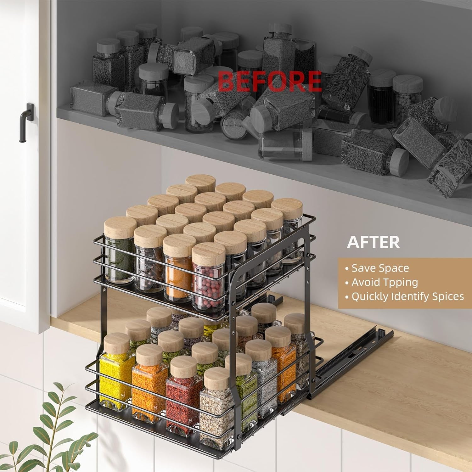 Pull Out Spice Rack Organizer for inside Cabinet, 2 Tier Spice Organization for Cabinet, 9.65"W X 10.7"D X 10.24"H, Vertical Slide Out Seasoning Organizer, Black (Not for Cabinet with Lip)