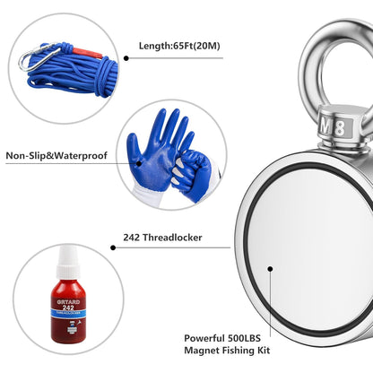 Neodymium Magnet Fishing Kit, 700Lbs Double Side Fishing Magnet Heavy Duty Rare Earth Magnet with Countersunk Hole Eyebolt for Retrieving Items in River, Lake, Beach, Lawn - 2.36Inch Diameter