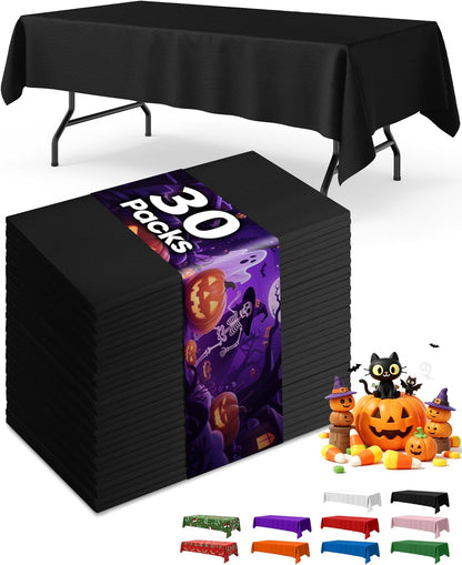Black Plastic Table Cloth - 30 Pack 54" × 108" Rectangle Disposable Tablecloths for 6FT Tables, Waterproof Table Cover for Party, Holiday & Gathering Use