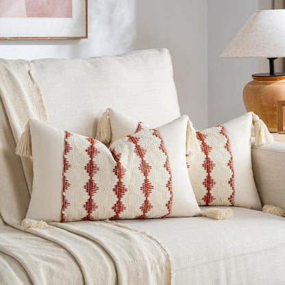 Set of 2 Burnt Orange Lumbar Decorative Throw Pillow Covers 12X20 Inch for Couch Bed Sofa Living Room, Aesthetic Organic Farmhouse Home Decor, Woven Textured Cushion Case with Tassels