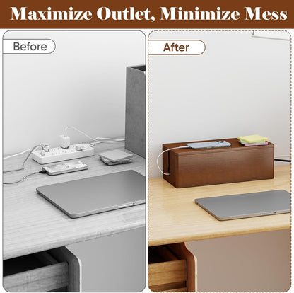 Cable Management Wooden Box with Magnetic Lid, Duty Cord Organizer Power Strip Hider Cover with Ventilation for Desk, Floor, Home Office, Baby-Pets Safe Storage Solution