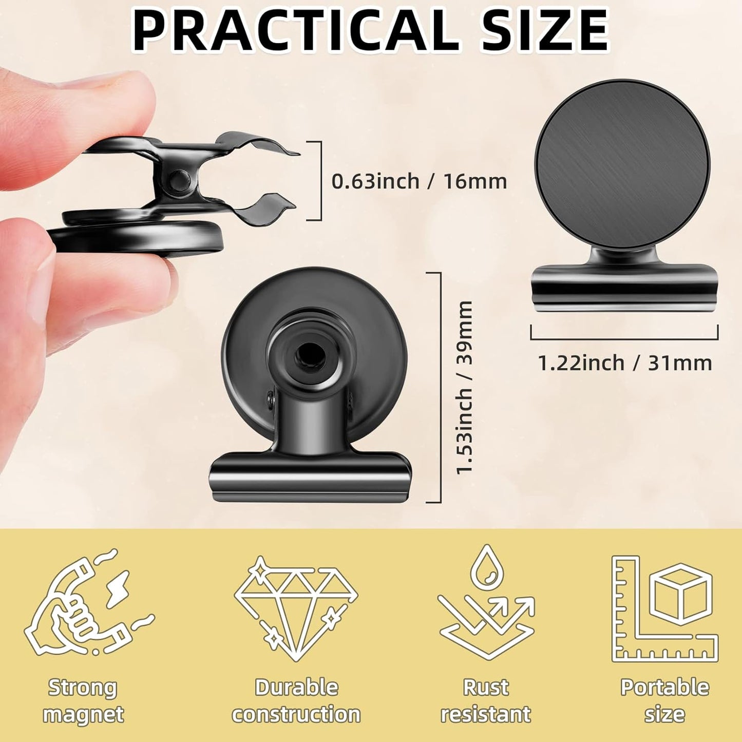 6 Pack Magnetic Clips Heavy Duty, Magnet Clips for Fridge, Refrigerator Magnets, Strong Magnetic Clip,Scratch Free Magnets with Clip for Refrigerator, Whiteboard, Classroom, Locker(Black)