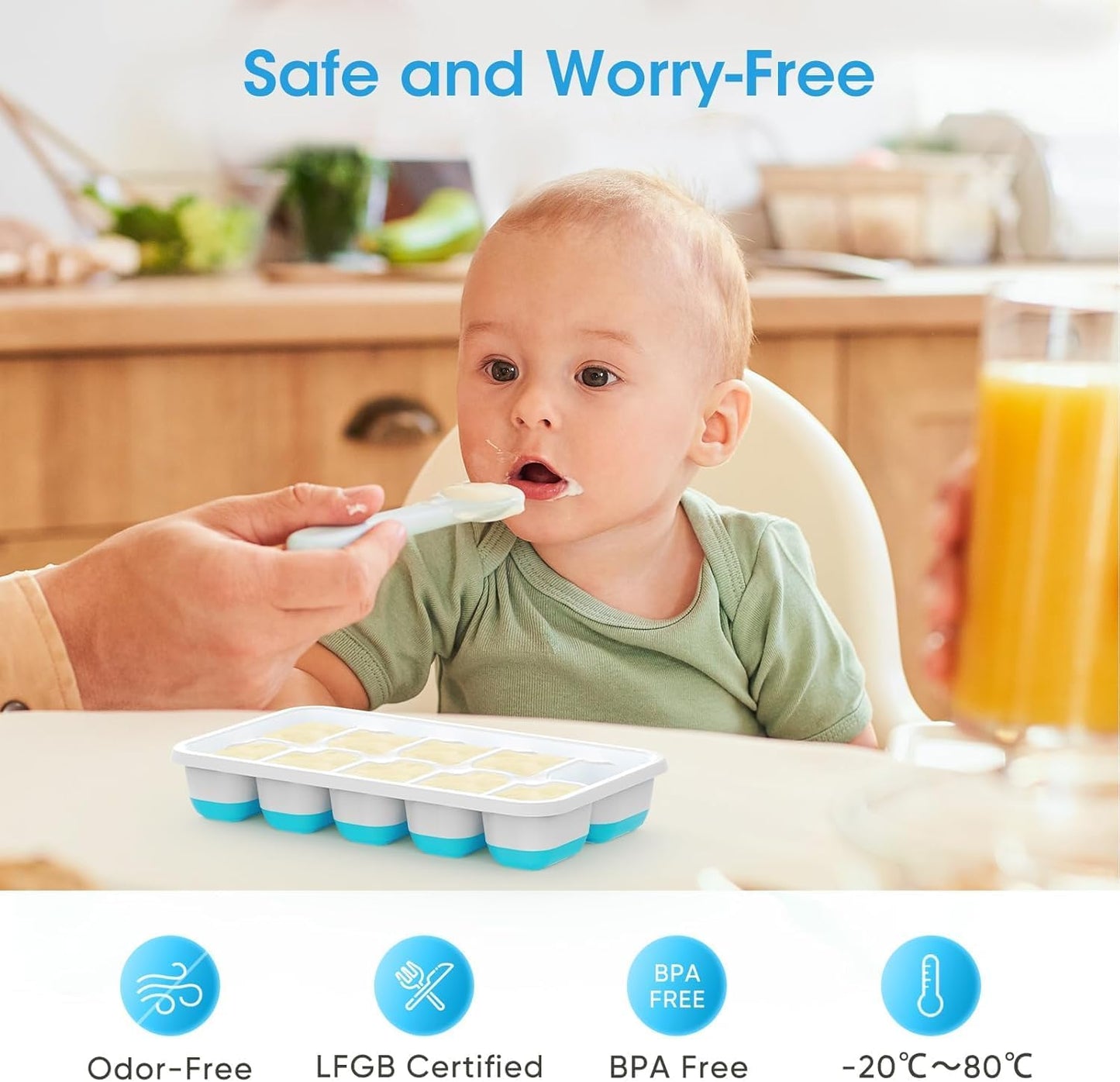 Ice Cube Tray with Lid and Bin, 4 Pack Silicone Plastic Ice Cubes Trays for Freezer with Box/Container, Stackable with Storage Iced Bucket Kits, Scoop, for RV, Soup, Food, Cocktail, Coffee