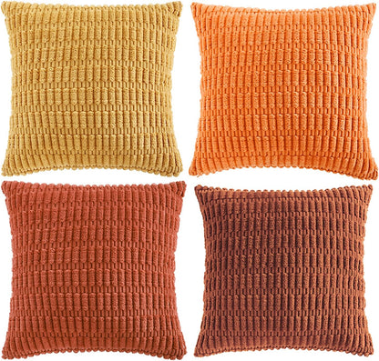 Set of 4 Burnt Orange Fall Decorative Throw Pillow Covers 18X18 Inch for Couch Bed Chair, Modern Farmhouse Boho Room Decor, Soft Fuzzy Corduroy Textured Striped Cushion Case 45Cm
