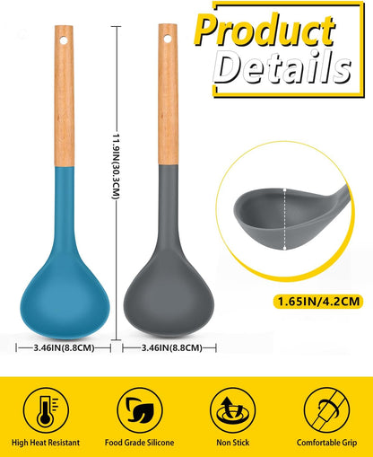 Pack of 2 Soup Ladle, Silicone Ladle Spoon with Wooden Handle, Large Non Stick High Heat Resistant Kitchen Utensils for Cooking, Stirring, Serving Soups(Gray-Blue)