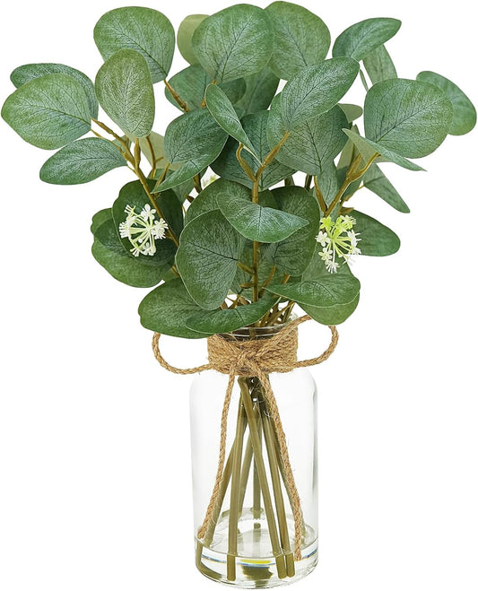 15" Artificial Eucalyptus Stems in Glass Vase with Faux Water, Fake Plant Eucalyptus Leaves for Bathroom Centerpiece Table Kitchen Farmhouse Wedding Home Greenery Décor, Green