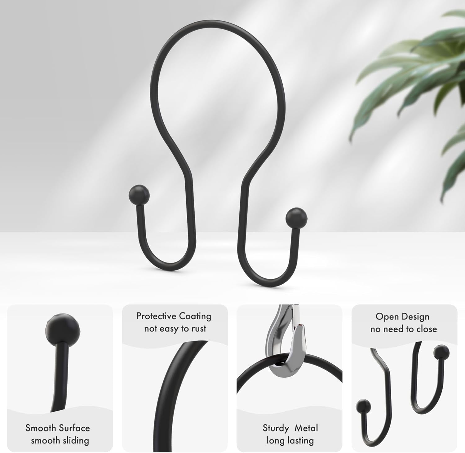 Shower Curtain Hooks Black Shower Curtain Rings, Simple Double Hook Shower Curtain Hooks Rust Proof, Smooth Sturdy Metal Shower Hooks for Shower Curtain Rod, 12 Pcs Shower Rod Hooks