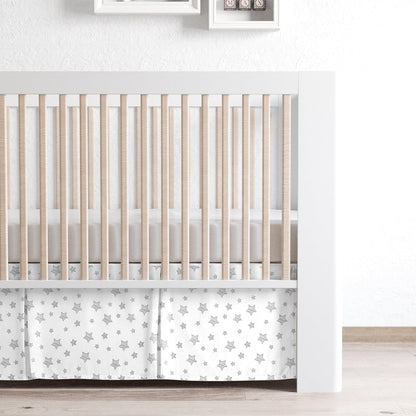 Crib Skirt Boy Girl Pleated Dust Ruffle Machine Washable, 14" Drop, Toddler Crib Bed Skirt White with Grey Star, Microfiber Nursery Standard Crib Bedding Skirt