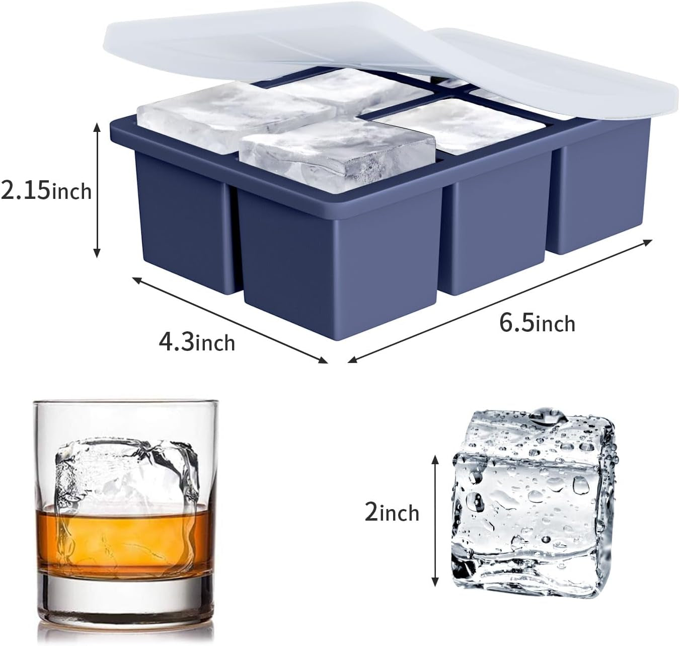 Large Ice Cube Tray for Whiskey: Big Square Ice Cube Maker for Cocktail - 2 Pack Silicone Old Fashioned Ice Cube Trays - 2 Inch Huge Cubed Ice Trays for Whisky