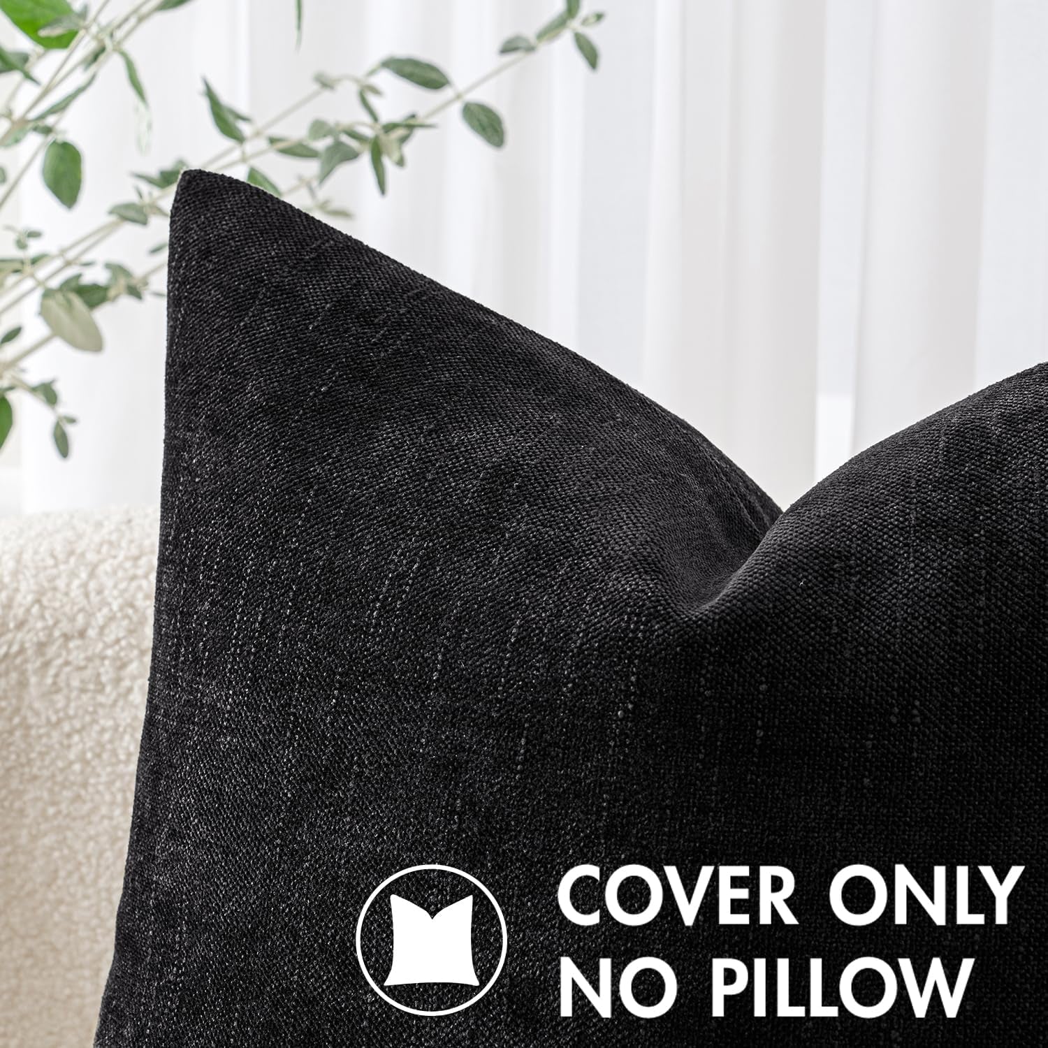 Set of 2 Chenille Decorative Throw Pillow Covers - Soft Textured Cushion Covers in Solid Black for Couch, Sofa, and Bedroom, 20x20 Inches