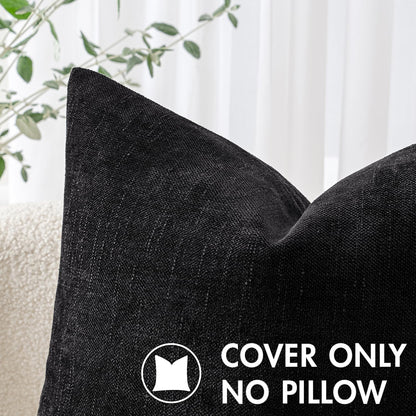 Set of 2 Chenille Decorative Throw Pillow Covers - Soft Textured Cushion Covers in Solid Black for Couch, Sofa, and Bedroom, 20x20 Inches