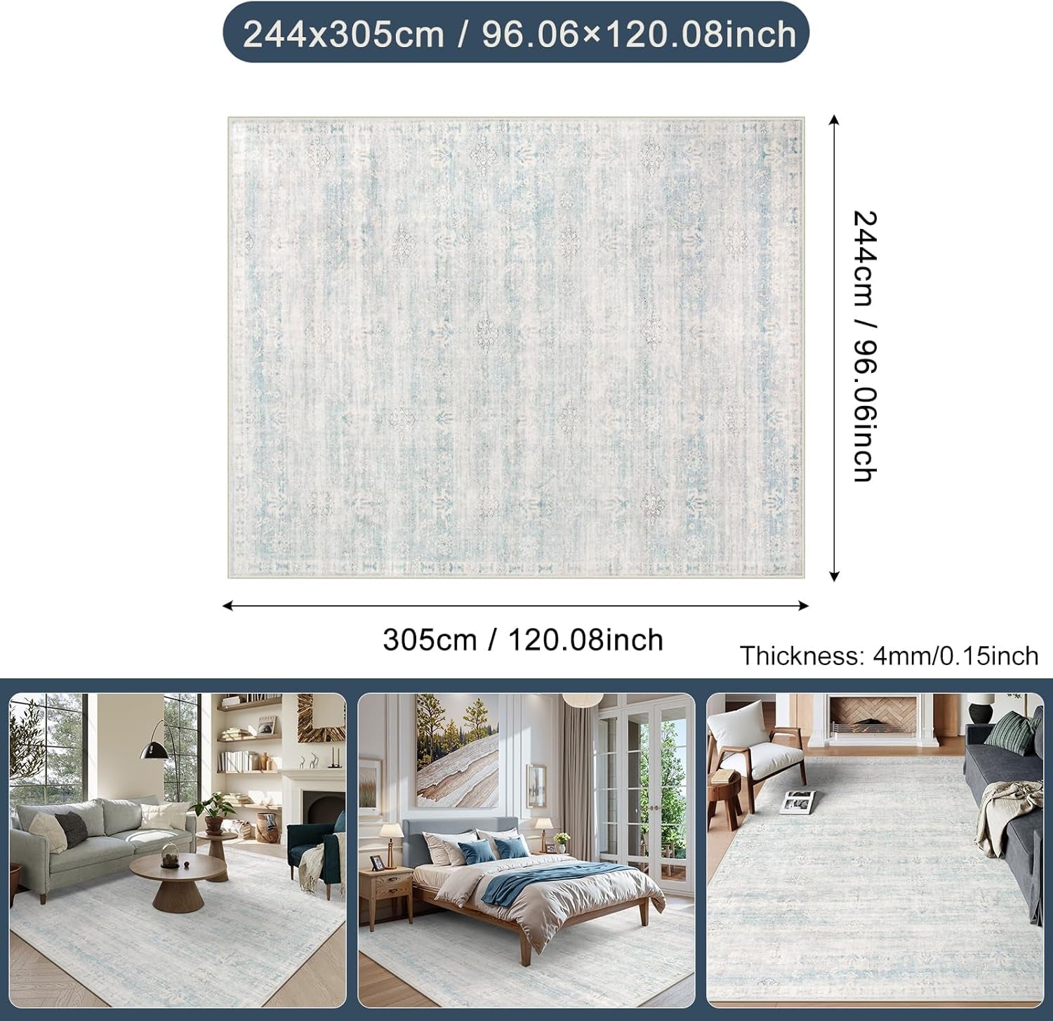 Blue Rugs for Living Room, 8X10 Distressed Light Blue Area Rugs for Bedroom, Stain Resistant Large Carpets for Dining Room, Soft Non Slip Floor Mat for Kids Room
