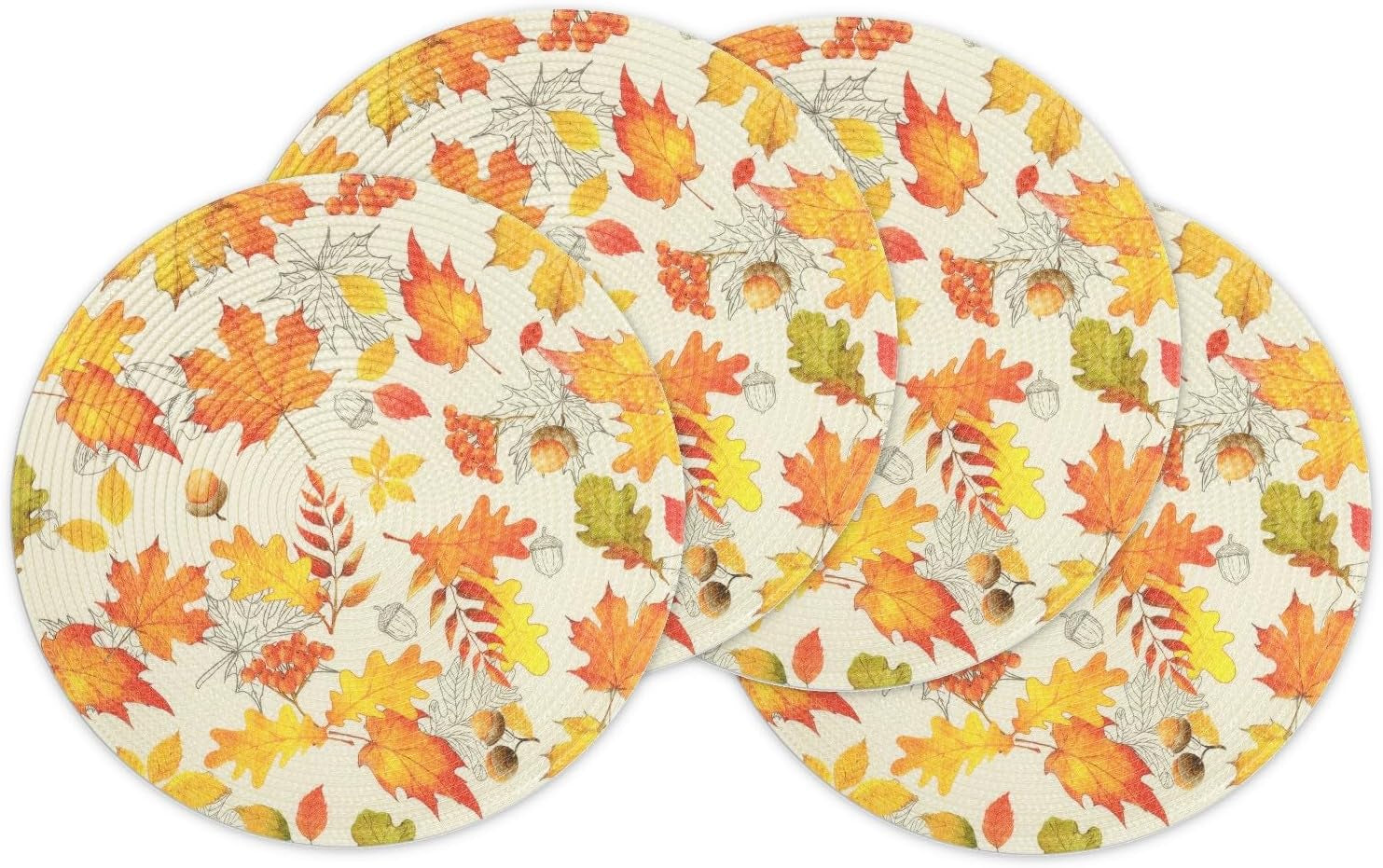 round Fall Placemats Set of 4 Orange Maple Leaves Nuts Acorn Polypropylene Woven Braided Place Mats 15 Inch Seasonal Autumn Thanksgiving round Table Mats Kitchen Dining Table Decoration