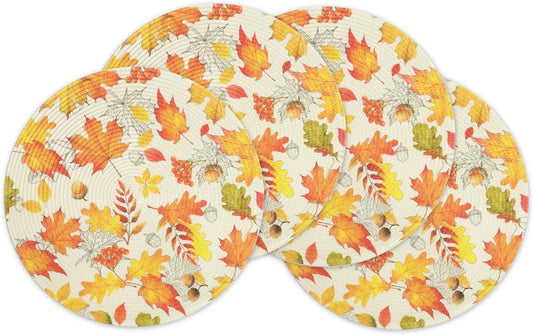 round Fall Placemats Set of 4 Orange Maple Leaves Nuts Acorn Polypropylene Woven Braided Place Mats 15 Inch Seasonal Autumn Thanksgiving round Table Mats Kitchen Dining Table Decoration