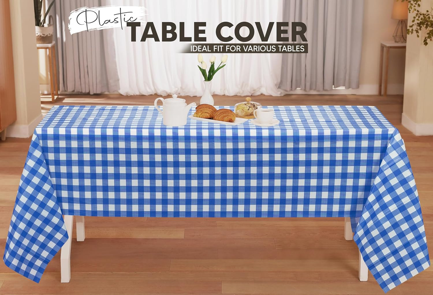 Plastic Table Cloth Disposable (12 Pack - 54X108 Inch) Blue Check Rectangle Tablecloth Waterproof Stain Resistant Party Table Cover