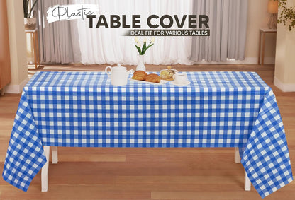 Plastic Table Cloth Disposable (12 Pack - 54X108 Inch) Blue Check Rectangle Tablecloth Waterproof Stain Resistant Party Table Cover