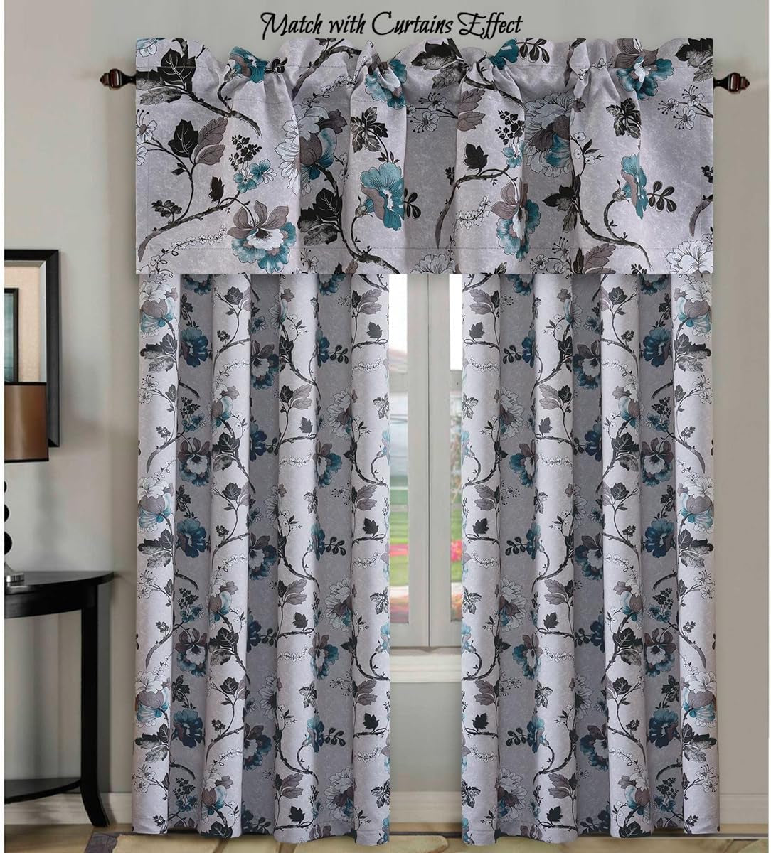 Blackout Curtain Valances for Kitchen Window/Living Room/Bathroom Privacy Added Rod Pocket Home Decoration Winow Valance, 52" W X 18" L, Floral in Grey and Teal