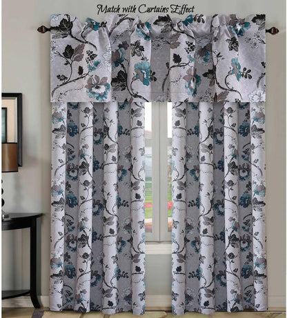 Blackout Curtain Valances for Kitchen Window/Living Room/Bathroom Privacy Added Rod Pocket Home Decoration Winow Valance, 52" W X 18" L, Floral in Grey and Teal
