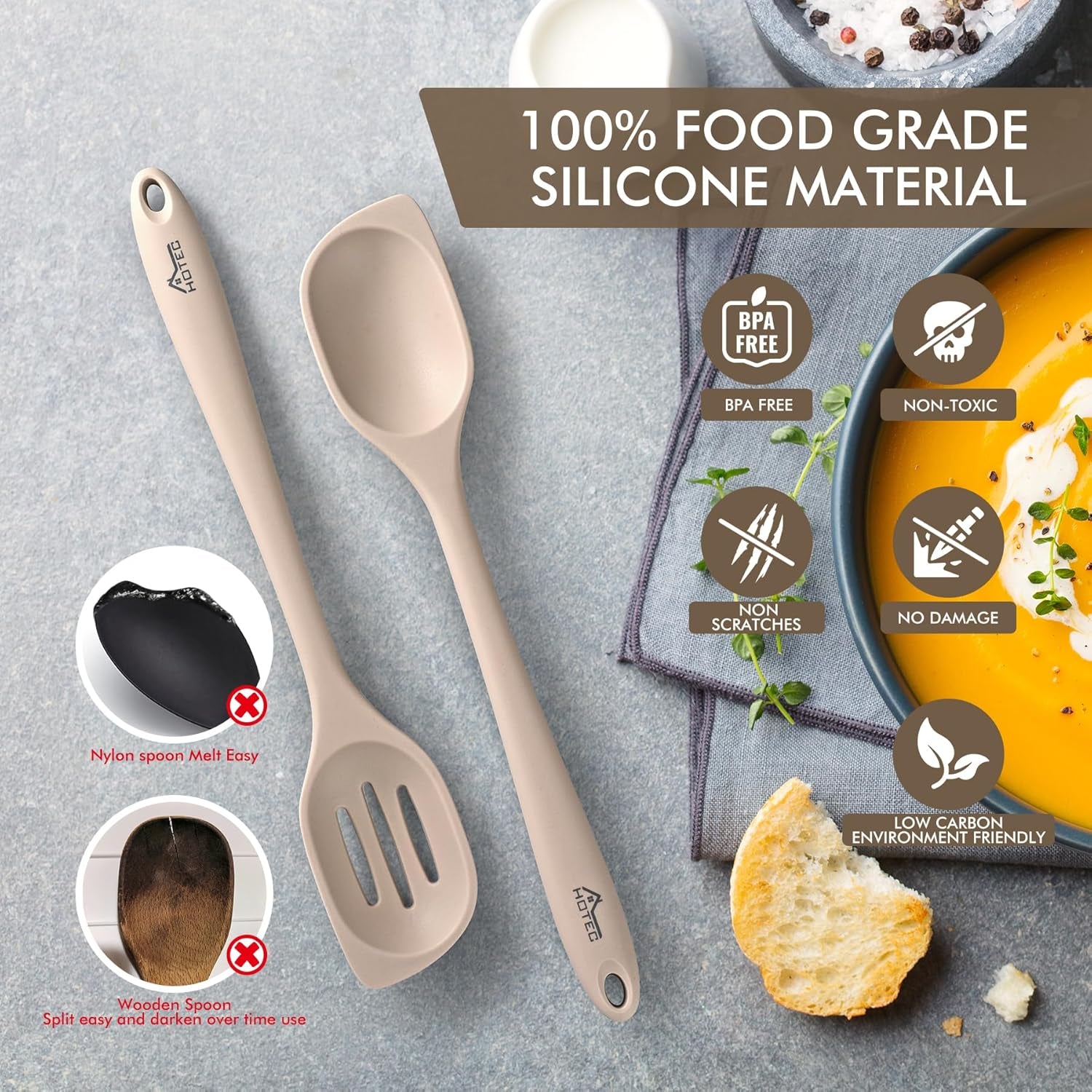 Heat Resistant Silicone Cooking Spoon Spatula, Large Kitchen Solid and Slotted Spoons for Mixing, Serving, Scraping, Non-Stick, Dishwasher Safe Khaki 12.5Inch