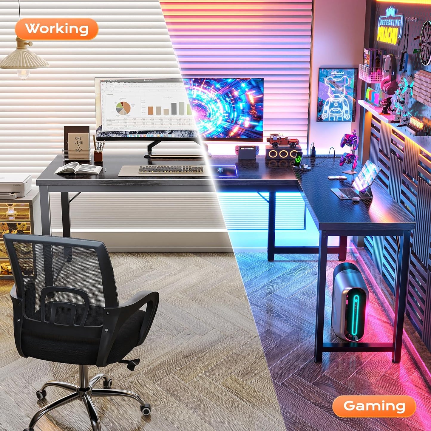 63-Inch L-Shaped Desk with Integrated Power Outlets and USB-C Port, Reversible Design, Spacious Corner Gaming and Office Desk, 0.95-Inch Thick Desktop, Sturdy Metal Frame, Ideal for Home Office and Study, Black