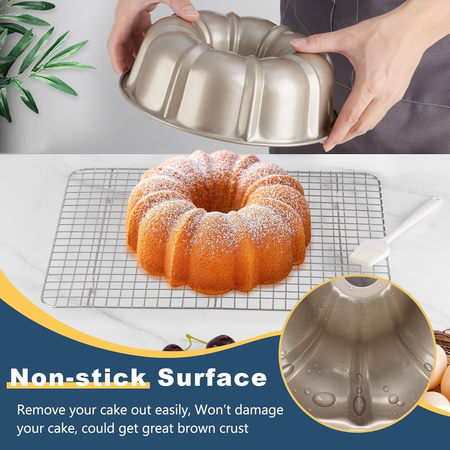 10 Inch Gold Non-Stick Cake Pan, Carbon Steel Fluted Tube Pan for Baking Pound Cake, 10-Cup Large Capacity round Bakeware, Healthy & Heavy Duty, 1 Piece