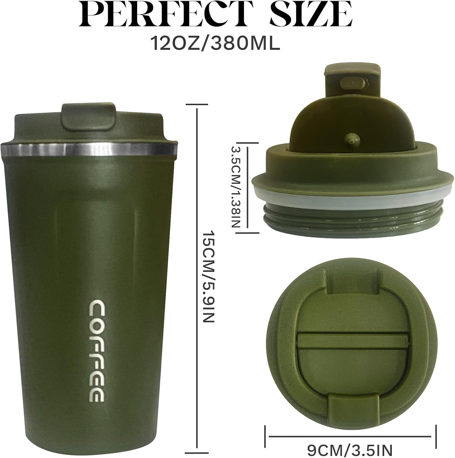 Insulated Travel Coffee Mug, Spill & Leak Proof, Portable to Go Camping Stainless Steel Coffee Tumbler, Reusable Thermal Coffee Cup with Lid for Hot & Cold Drinks (2Nd-Green, 12 OZ)
