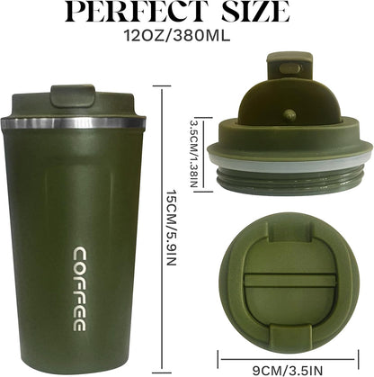 Insulated Travel Coffee Mug, Spill & Leak Proof, Portable to Go Camping Stainless Steel Coffee Tumbler, Reusable Thermal Coffee Cup with Lid for Hot & Cold Drinks (2Nd-Green, 12 OZ)