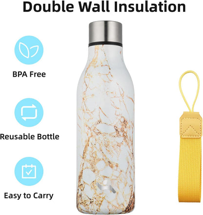 Insulated Water Bottle with Strap,18 Oz Double Wall Stainless Steel Vacuum Bottles Metal Water Flask,Marble Amber