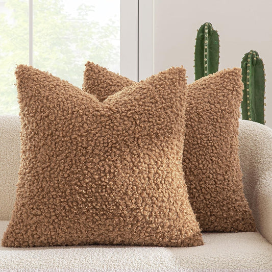 Pack of 2 Throw Pillow Covers 18X18 Inch Brown Faux Fur Decorative Sherpa Pillow Covers Fuzzy Accent Soft Sheepskin Fleece Cushion Cases for Boho Home Decor Couch Living Room Bed