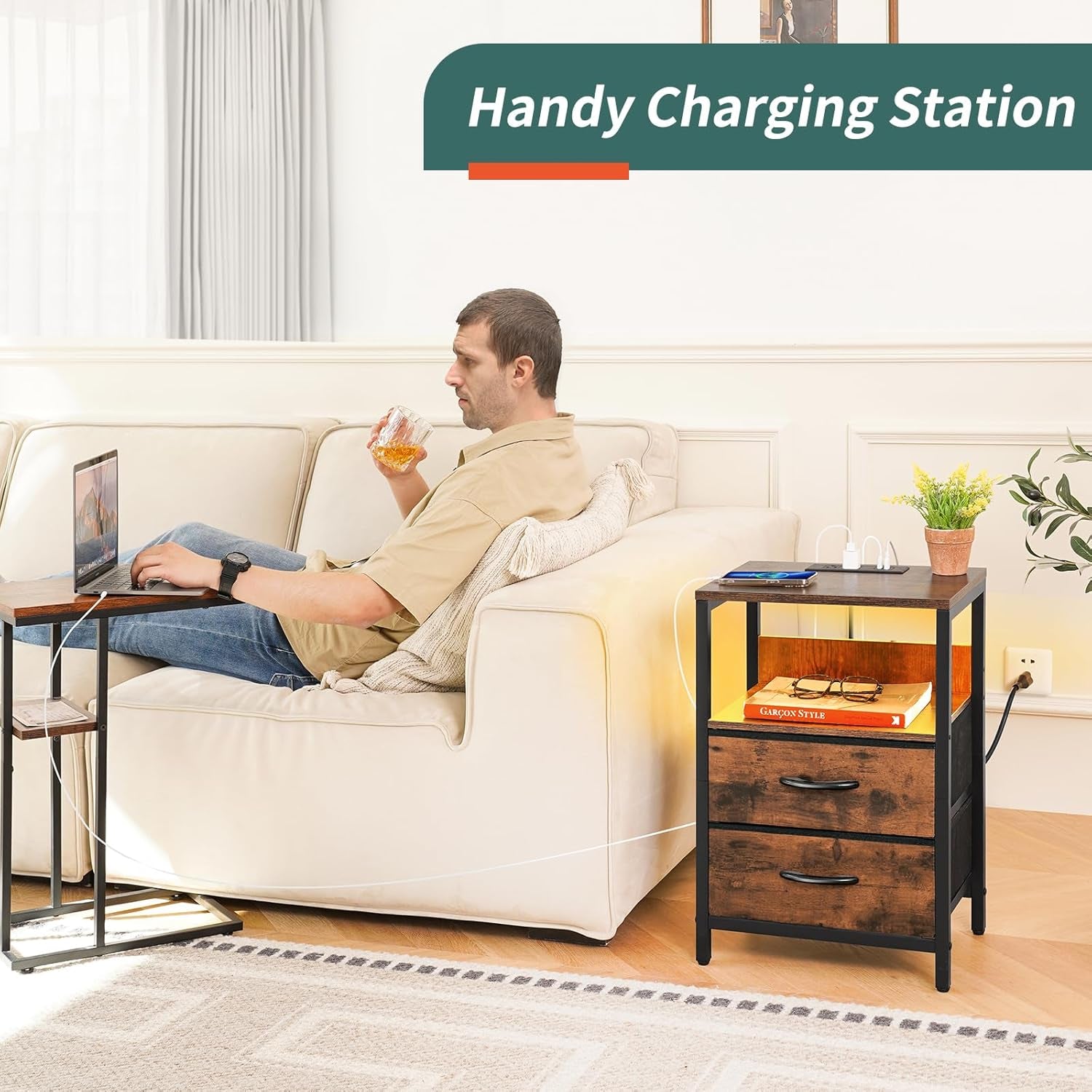 Nightstand with Charging Station, LED Night Stand with Fabric Drawers and Storage Shelf for Bedroom, Nightstands Bedside Tables with USB Ports & Outlets, Small Night Stands, Bed Side Table