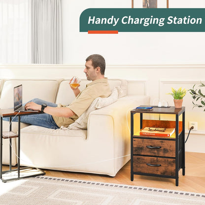 Nightstand with Charging Station, LED Night Stand with Fabric Drawers and Storage Shelf for Bedroom, Nightstands Bedside Tables with USB Ports & Outlets, Small Night Stands, Bed Side Table