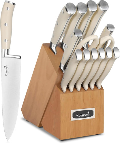Kitchen Chef Knife Block Set,High Carbon Stainless Steel Razor-Sharp Blade Ergonomic Handle,Sharp Knife Set with Built-In Sharpener,Elegant Gift(Irovy-Acacia,15Pcs)