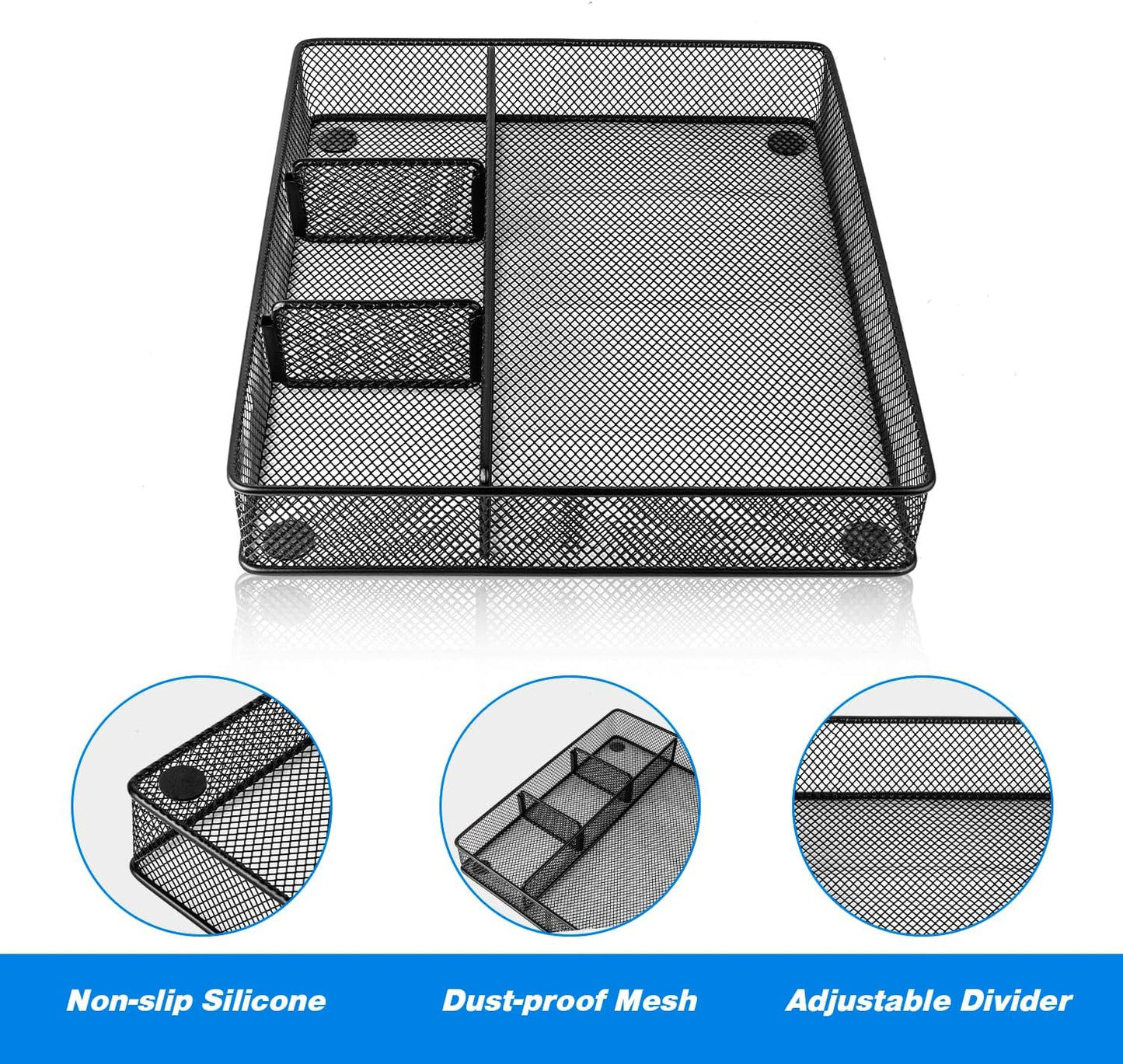 Desk Drawer Organizer Tray, Metal Mesh Drawer Organizers Office, 4 Grid with Adjustable Compartment, Desk Organizer Tray for Home Office 12X10.6X1.9 Inch Black, 2 Pack