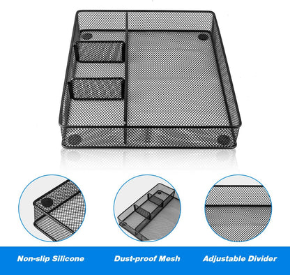 Desk Drawer Organizer Tray, Metal Mesh Drawer Organizers Office, 4 Grid with Adjustable Compartment, Desk Organizer Tray for Home Office 12X10.6X1.9 Inch Black, 2 Pack