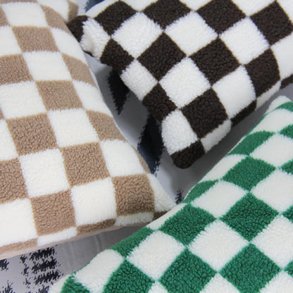 Decorative Throw Pillow Covers Luxury Style Checkerboard Pattern Cushion Case Super Soft Faux Fur Wool Sherpa Pillowcases for Couch Bedroom Pack of 2 (Green, 18 X 18-Inch)