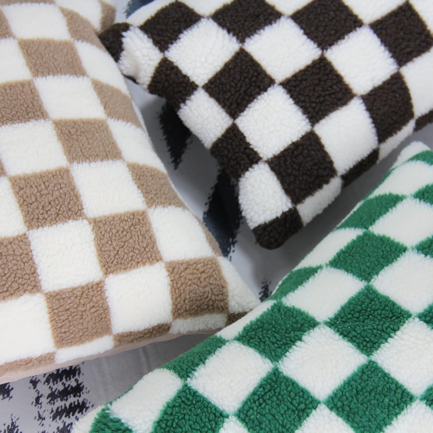 Decorative Throw Pillow Covers Luxury Style Checkerboard Pattern Cushion Case Super Soft Faux Fur Wool Pillowcases for Couch Bedroom Pack of 2 (Khaki, 18 X 18-Inch)