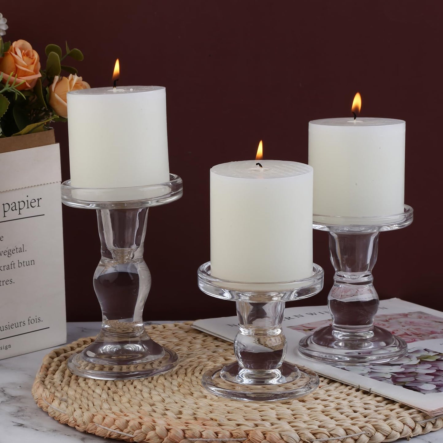 6-Piece Set of Glass Candlestick, Crystal Candlestick Holder Holder and Conical Candle, Christmas Candle Holder Decoration, Family Living Room Wedding Candle Holder (Clear 2Sets)