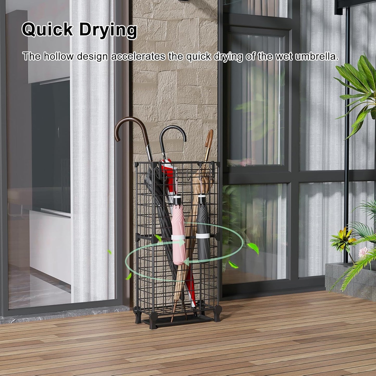Umbrella Holder Entryway, Umbrella Stand Freestanding, Metal Square Umbrella Rack Organizer with a Removable Drip Tray, Hooks, Black