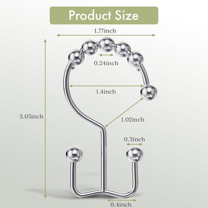 Shower Curtain Hooks Rings, Rust-Resistant Stainless Steel Double Shower Curtain Hooks, Shower Hooks for Shower Curtain and Liner Bathroom, Set of 12, Chrome