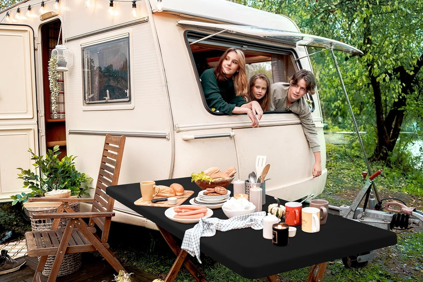 6 Foot Rectangle Elastic Fitted Tablecloth, Waterproof Fabric Table Cover, Washable Polyester Table Cloth for Dinner, Party, Fall (Black, 30" X 72")